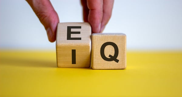 Fingers holding blocks with the letters EQ and IQ while creating workplace emotional intelligence